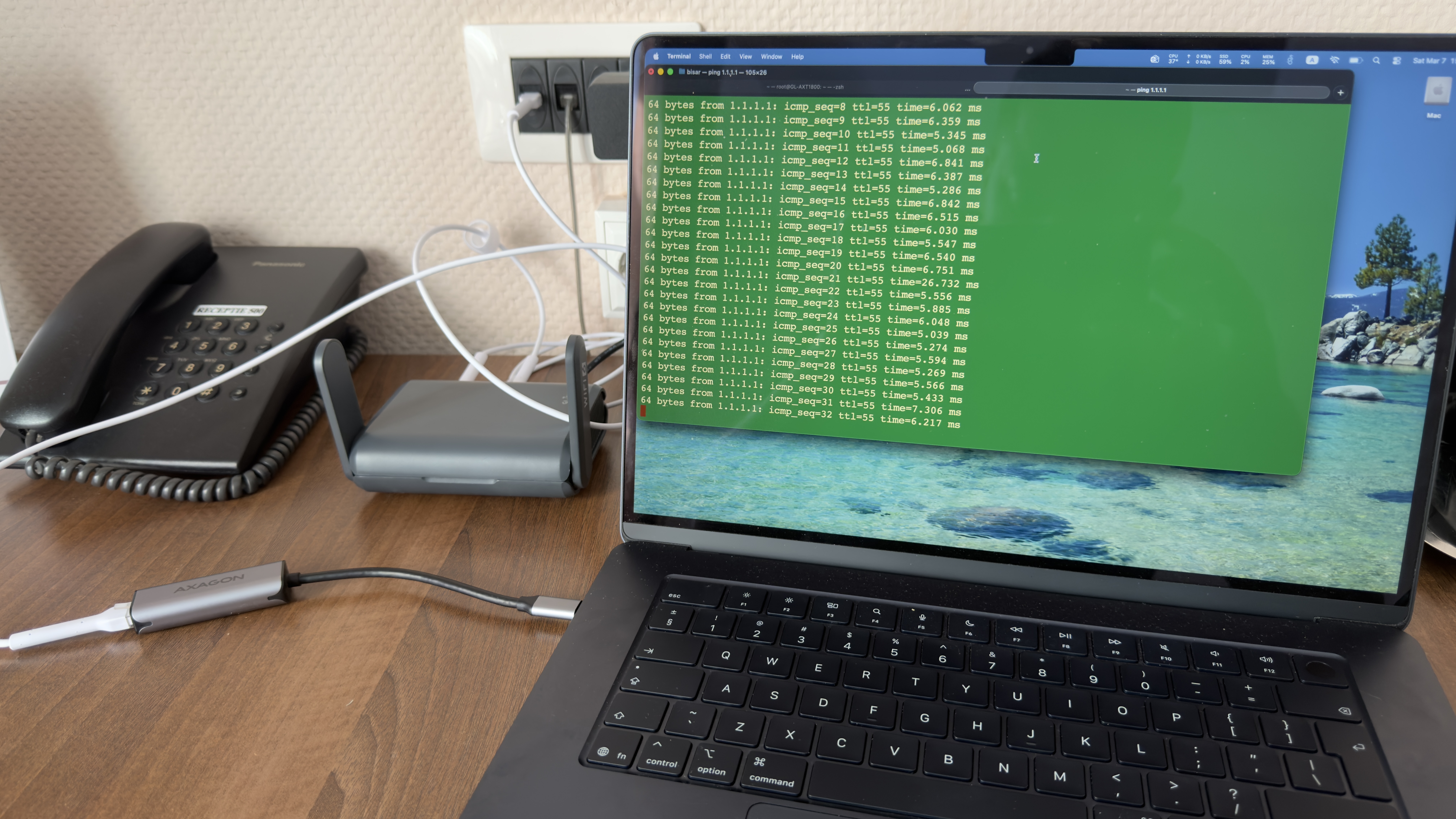 iperf3 test through WireGuard tunnel — MacBook, GL.iNet AXT1800 and AXAGON adapter